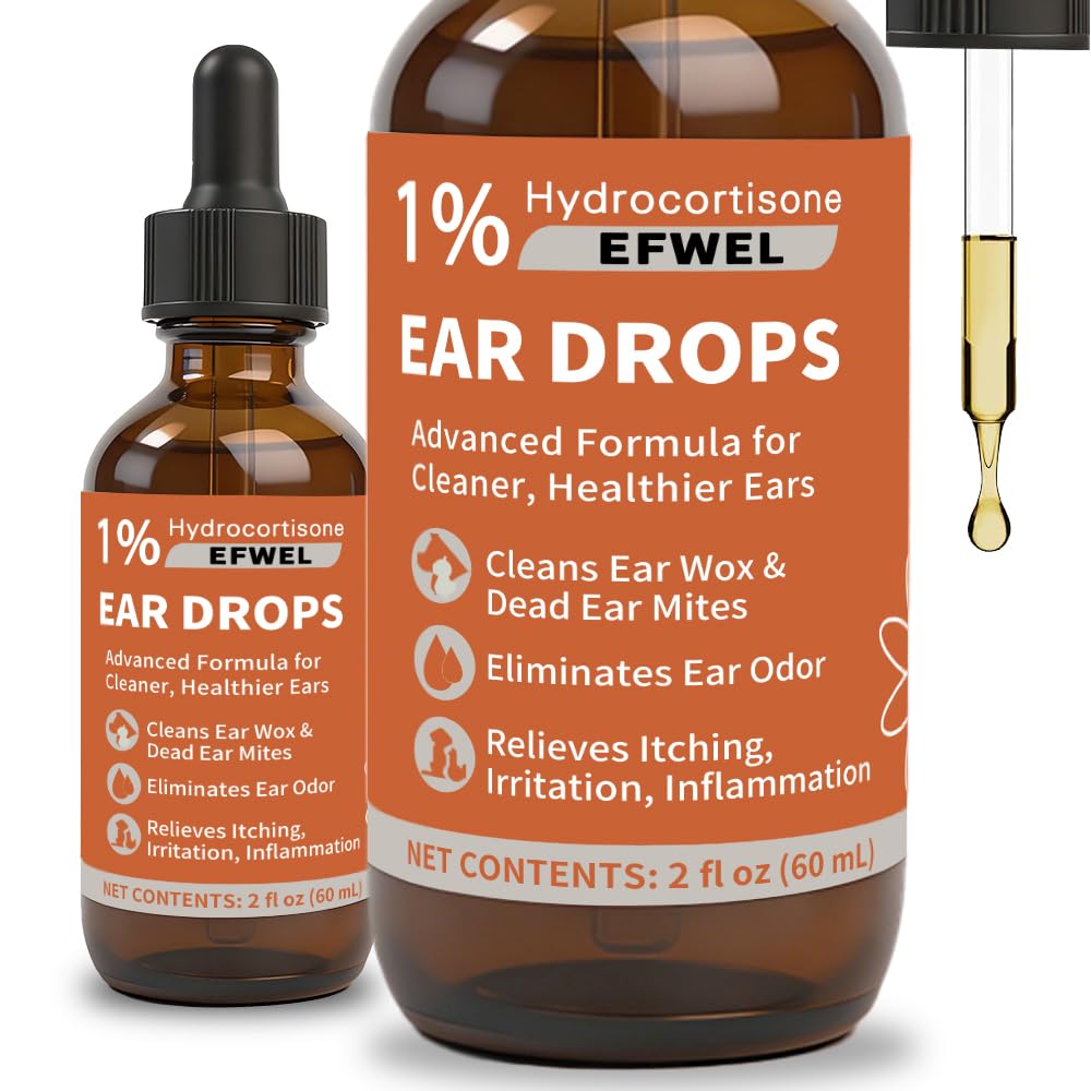 Dog Ear Cleaner Drops with 1% Hydrocortisone, Natural Infection Treatment for Dogs and Cats, Yeast Infection and Itchy Ear Relief, 2 fl oz