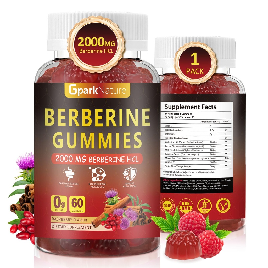 Berberine Gummies 2000 mg, Berberine Supplement with Ceylon Cinnamon, Turmeric, Milk Thistle, Magnesium, Chromium for Immune Support, Sugar Free, Vegan, Raspberry Flavor, 60 Count-1 Pack