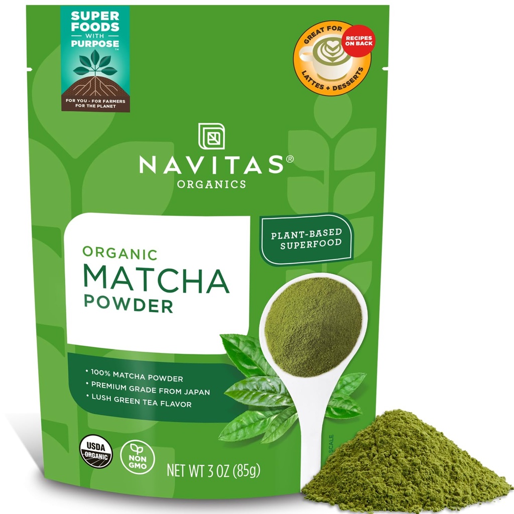 Navitas Organics Matcha Powder – For Tea, Lattes, Smoothies, Desserts & More – Energy & Antioxidants – Premium Culinary Grade – USDA Organic, Non GMO, Gluten Free, Kosher, Vegan (3oz. Bag 85 Servings)