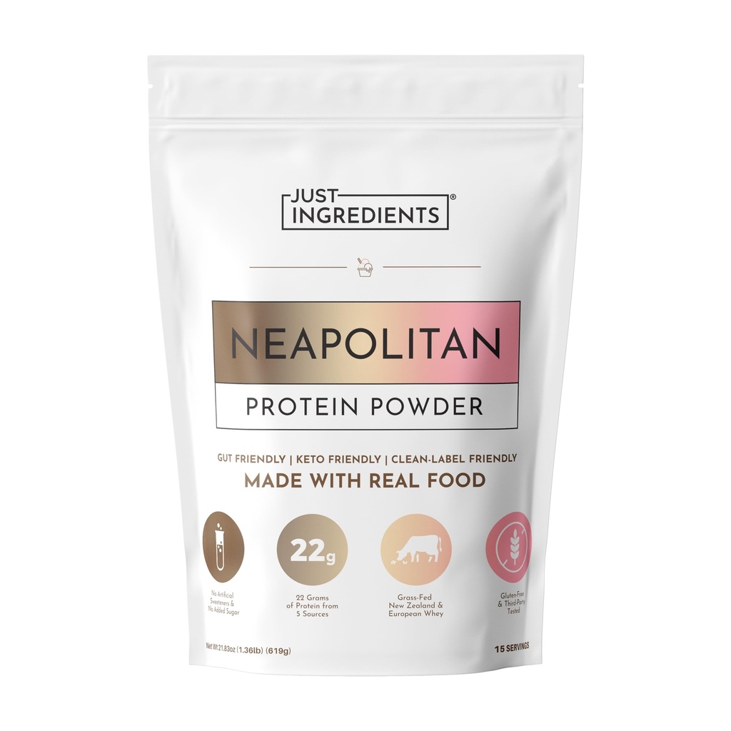 JUST INGREDIENTS Neapolitan Protein Powder, 15 Servings, 22g Protein from 5 Sources, Certified Grassfed New Zealand and Irish Whey, Made with Real Food Ingredients, No Gums or Fillers, Keto Friendly