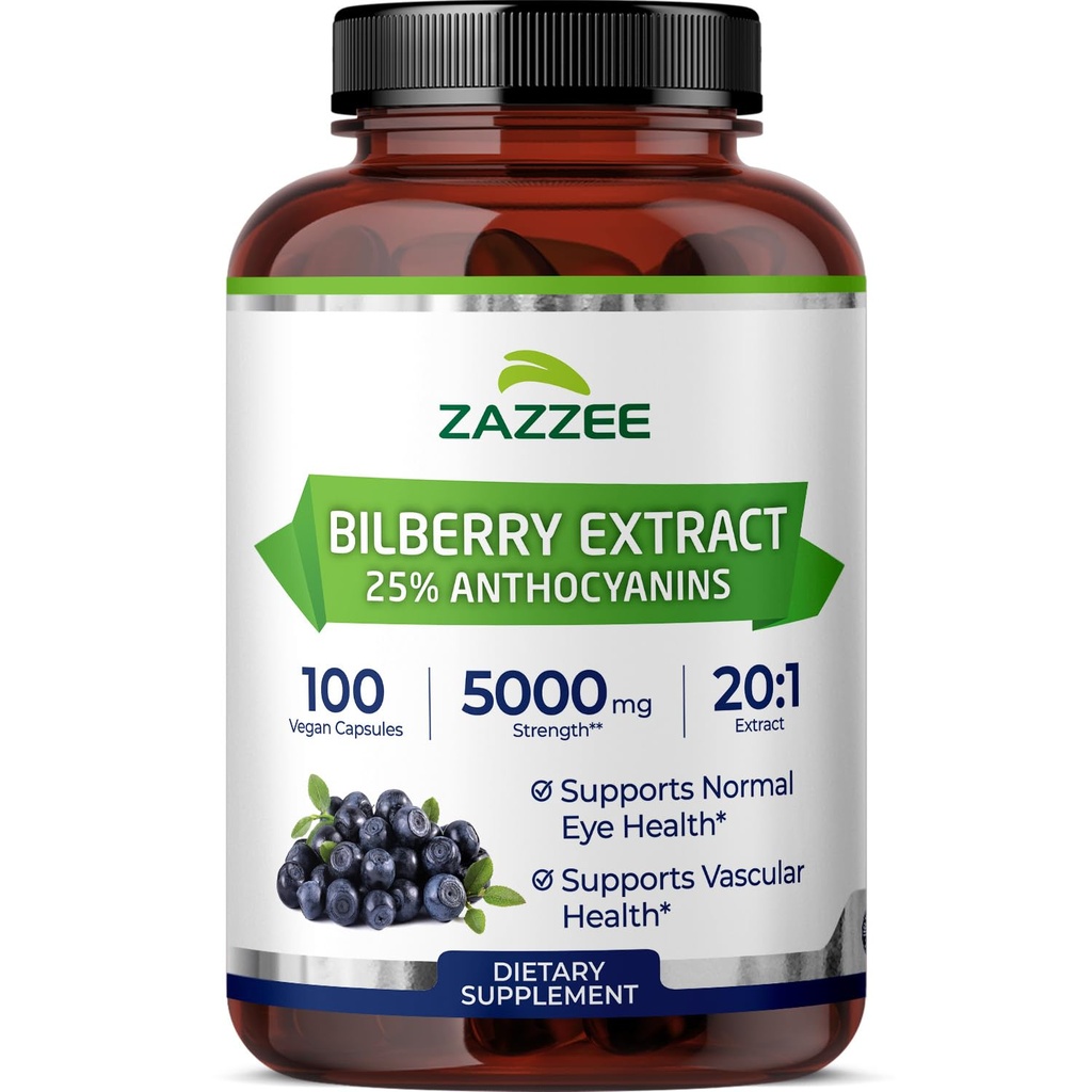 Zazzee Extra Strength Bilberry 20:1 Extract, 25% Anthocyanins, 100 Capsules | 3+ Month Supply, Vaccinium Myrtillus, Vegan, Eye Health & Antioxidant Support, Non-GMO, Made in the USA