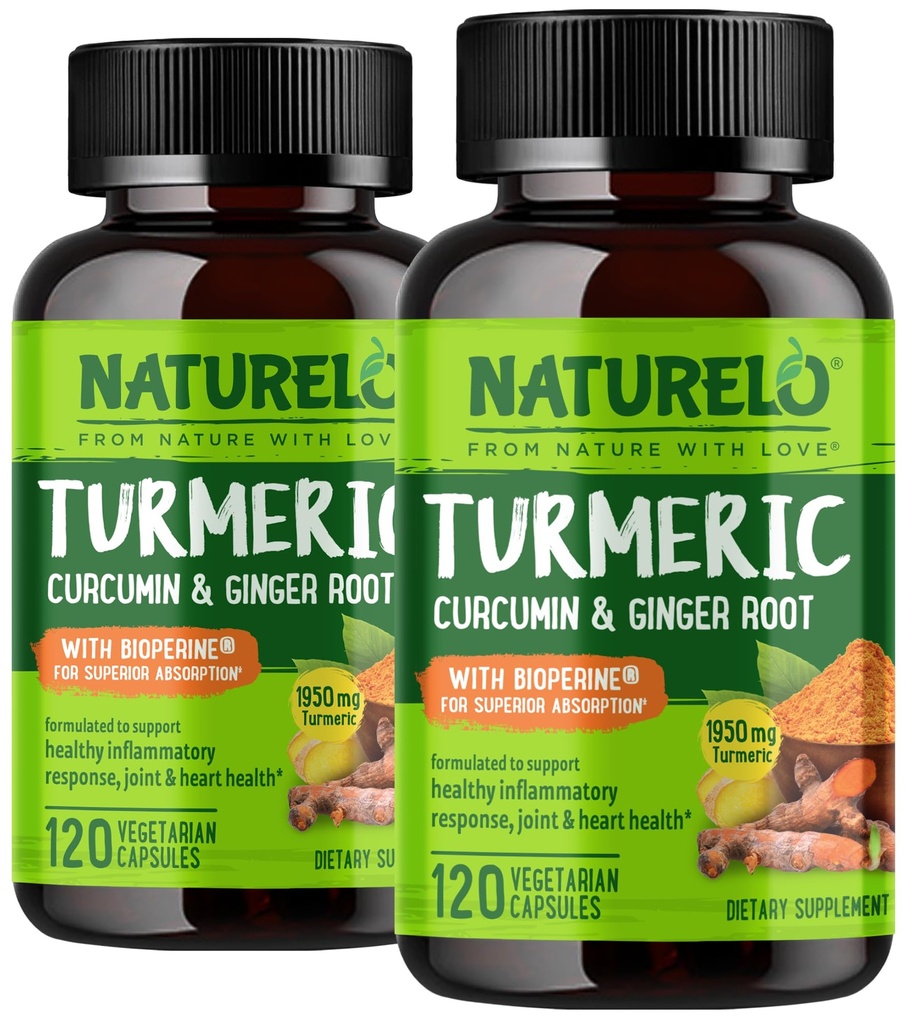 NATURELO Turmeric Curcumin - BioPerine for Better Absorption - Black Pepper, Ginger Root, Curcuminoids - Plant-Based Joint Discomfort Support - 120 Vegan Capsules (Pack of 2)