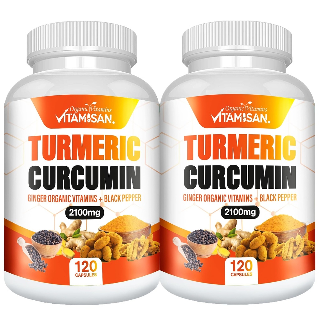 VITAMISAN Turmeric Curcumin 2100mg with Ginger & Black Pepper – 2 Pack (120 Capsules Each) – Herbal Supplement for General Wellness – Non-GMO – Made in USA