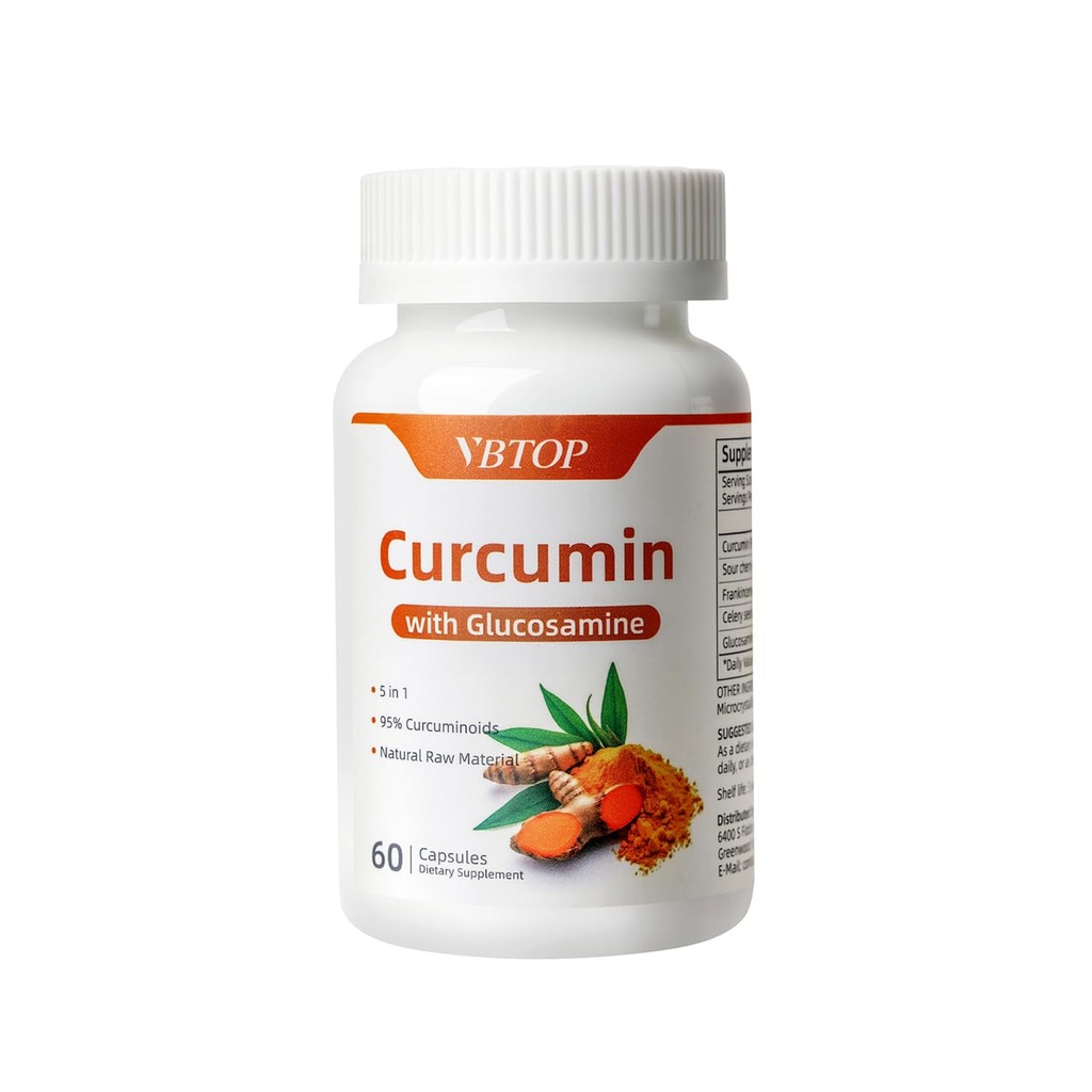 Curcumin 95% with Glucosamine, 5-in-1 Joint Support Supplement with Sour Cherry, Frankincense & Celery Seed, 60 Capsules, Natural Antioxidant for Joint & Immune Health, Non-GMO, Gluten-Free