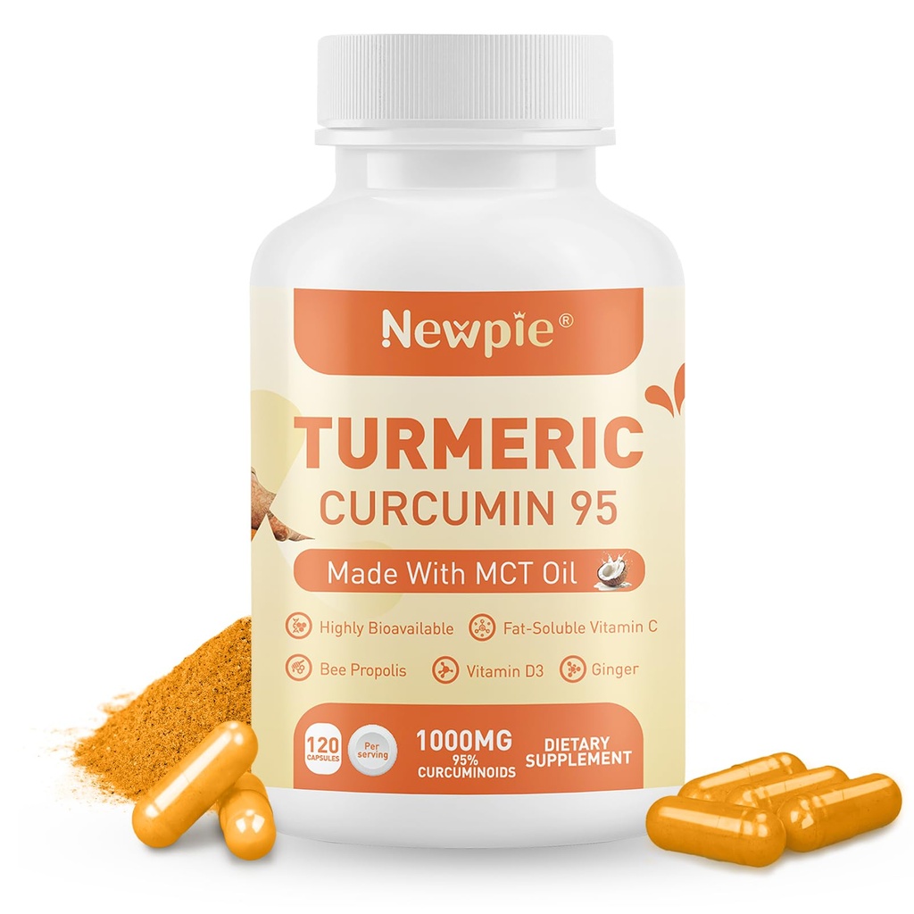 Turmeric Curcumin Supplement with MCT Oil 50mg,120 Capsules 1000mg Turmeric Extract 95% Curcuminoids,Fat Soluble Vitamin C,Bee Propolis,Ginger,Vitamin D3,Zine,Non-GMO,Gluten Free (1)