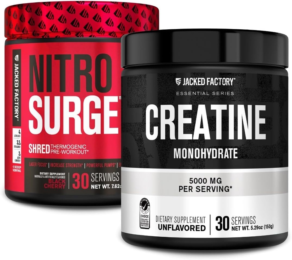 Jacked Factory NITROSURGE Pre Workout Supplement (Black Cherry, 30 Servings) & Proszek jednowodny kreatryny (Unflavored, 30 Servings)
