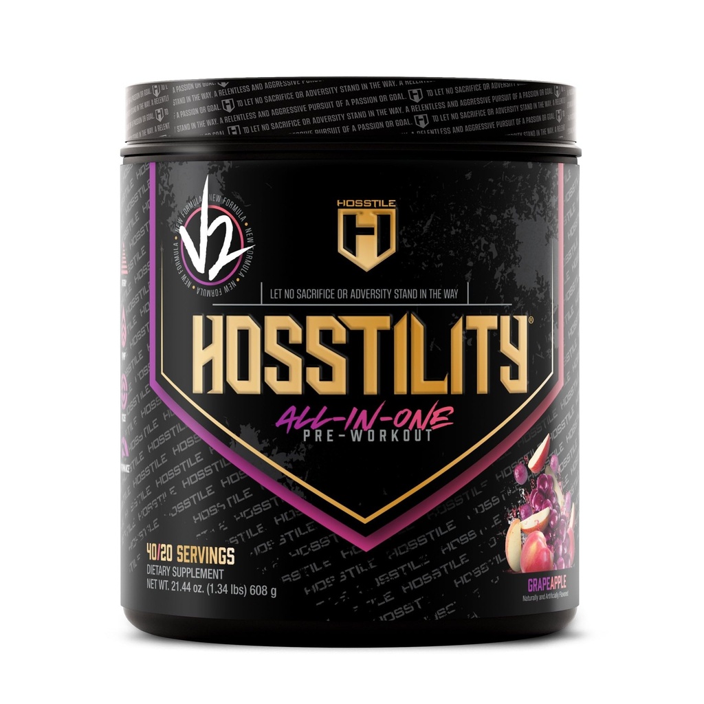 HOSSTILE Hosstility V2 Pre-Workout Powder, All-in-One Pre-Workout Supplement for Energy, Focus & Pump Support, Grape Apple, 40/20 Servings