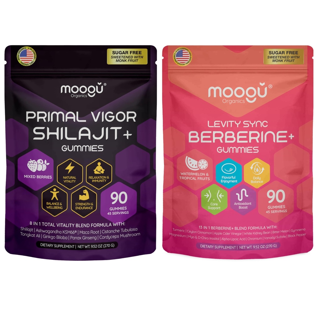 Moogu Organics 2-Pack Bundle: Shilajit 8-in-1 Extract & Berberine Complex Gummies - Sugar-Free - Adaptogens - Daily Support - 45 Days