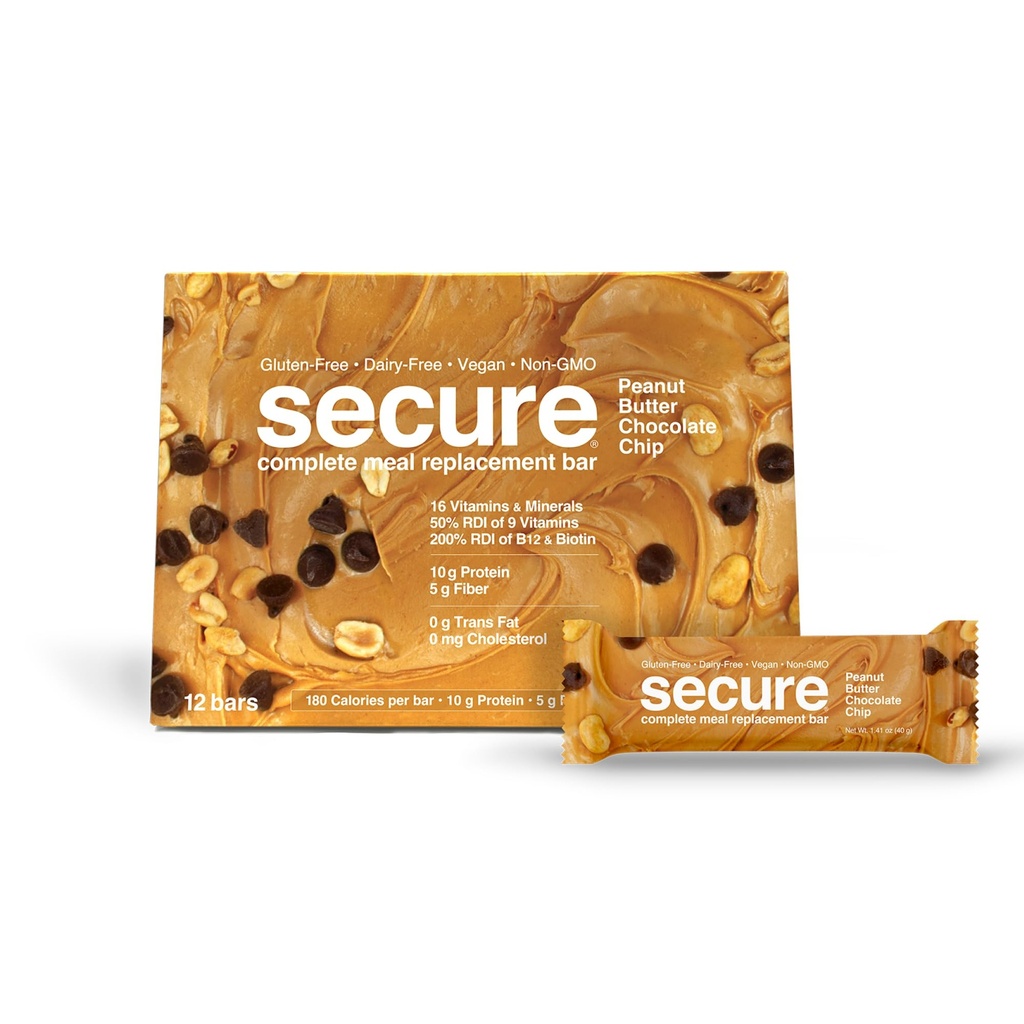 ANDREW LESSMAN Secure Bars 40g - Peanut Butter Chocolate Chip - High Protein & Fiber Snack - 12 Bars - Non-GMO, Gluten-Free, No Artificial Flavors, Vegan, Low Calorie Meal Replacement