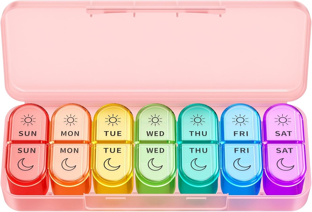 Weekly Pill Organizer 2 gånger om dagen - AM PM Pill Organizer med 7 Daily Color-Coded Small Cases, Morning and Night Travel Pill Cases för vitaminer, medicin och kosttillskott
