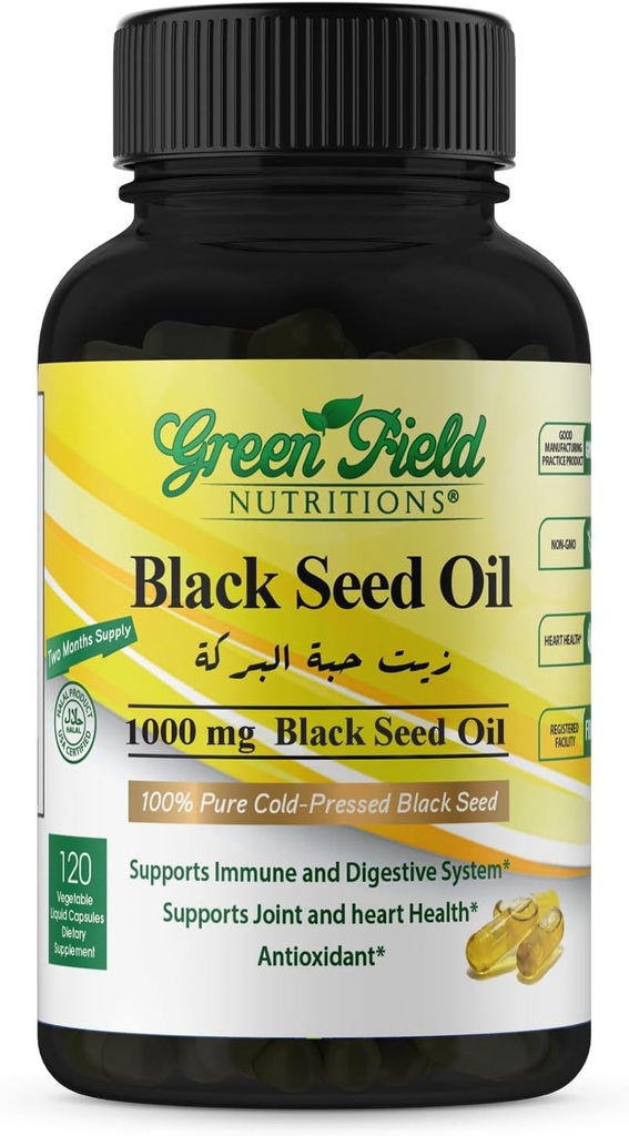 Greenfield Nutritions - Halal Black Seed Oil (Nigella Sativa), Sistema Imune de Suporte, Sistema Digestivo, e Joints Saúde, 90 cápsulas de vegetais líquidos