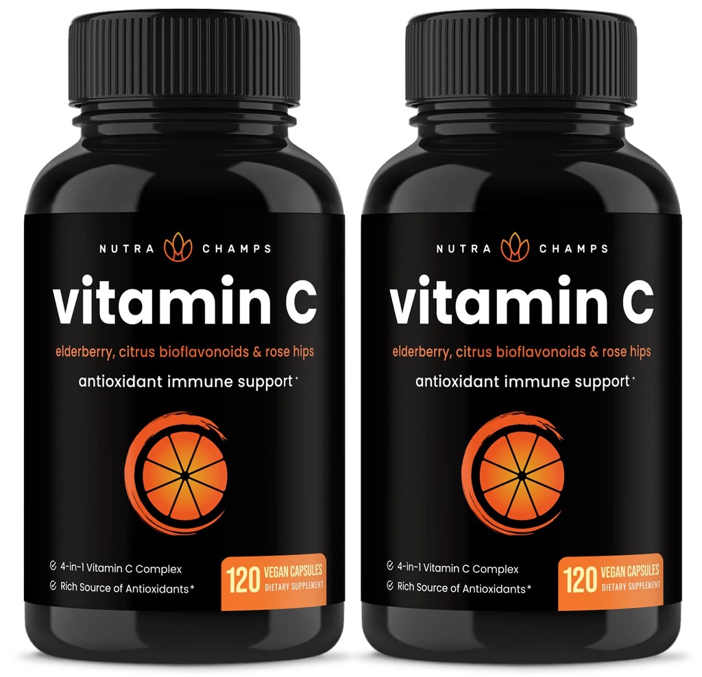 NutraChamps (2 Pack) Vitamin C with Elderberry, Citrus Bioflavonoids & Rose Hips - 120 Capsules Vegan, Non-GMO Antioxidant Supplement for Immune Health & Collagen Production Powder Pills