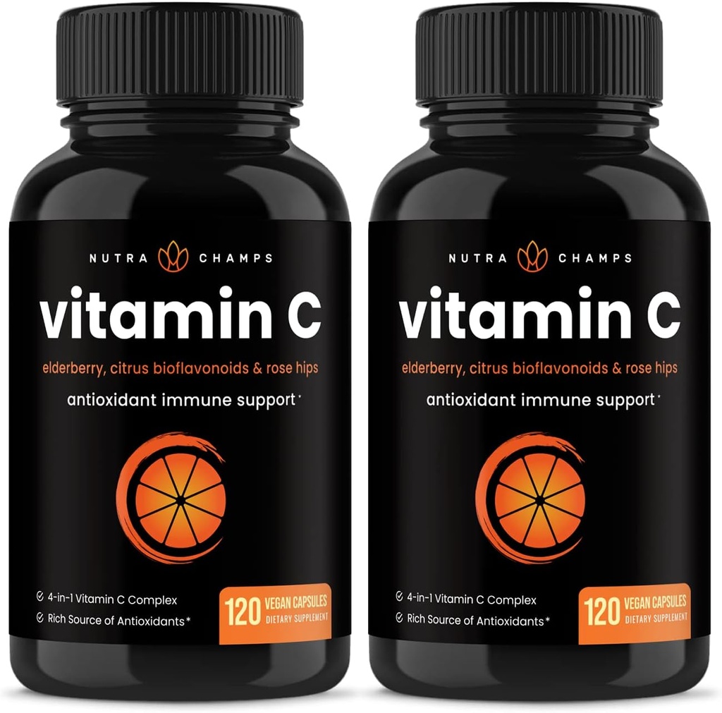 NutraChamps (2 balenia) Vitamín C 1000 mg s bazami, Citrus Bioflavonoidy & Rose HIPS - 120 Kapsule Vegan, Non-GMO Antioxidant Supplement for Immune Health & Colagen Production 500mg prášok Tabletky