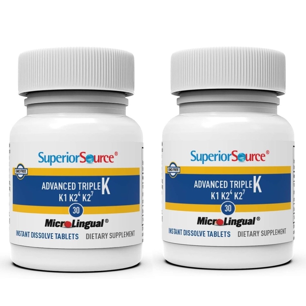 Superior Source Triple K: MK-4 500mcg, MK-7 50mcg, K1 500mcg, 30 Quick Dissolve Tabs, Bone/Heart/Immune Support, Non-GMO, 2-Pack