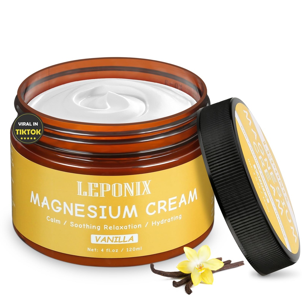 LEPONIX Magnesium Cream for Sleep & Muscle Recovery - Soothing Topical Magnesium Lotion for Leg Cramps, Joint Comfort, Pain Relief - Relaxing Magnesium Body Butter for Men Women Kids (120ml, Vanilla)