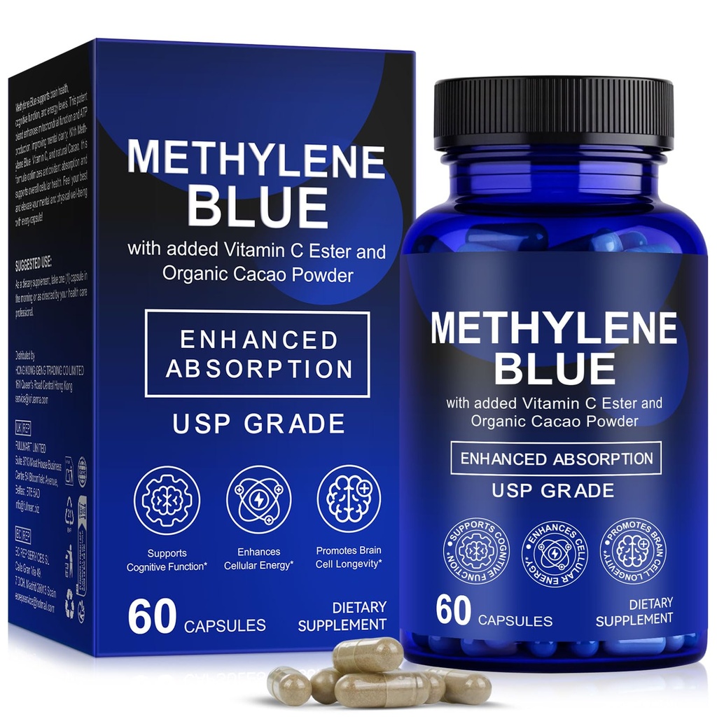 Methylene Blue Capsules 60p,Methane Blue for Humans, with Added Vitamin C Ester for Enhanced Absorption, Brain Supplement, Brain Fuel, Memory, Focus, Clarity, Cognitive, Energy