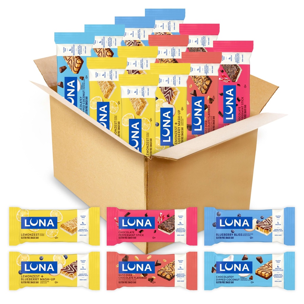 LUNA Bar - Variety Pack - 6 Flavors - Gluten Free Snack Bars - Non-GMO - Protein Bars - Made with Organic Oats (12 Pack)