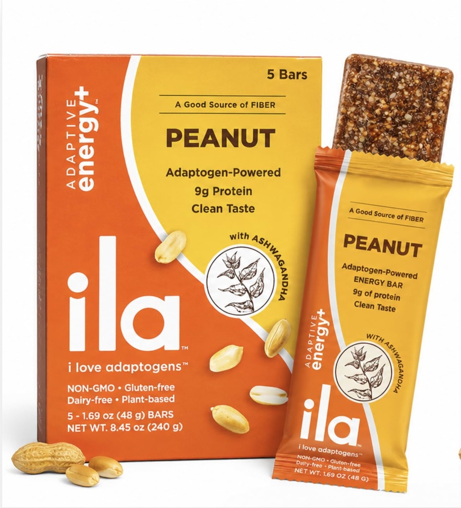 ILA Adaptogen Energy Bar — Peanut, 9g Plant Protein with Reishi & Ashwagandha, Organic Whole-Food Snack, Non-GMO, Gluten-Free, Dairy-Free, Vegan (5 Bars)