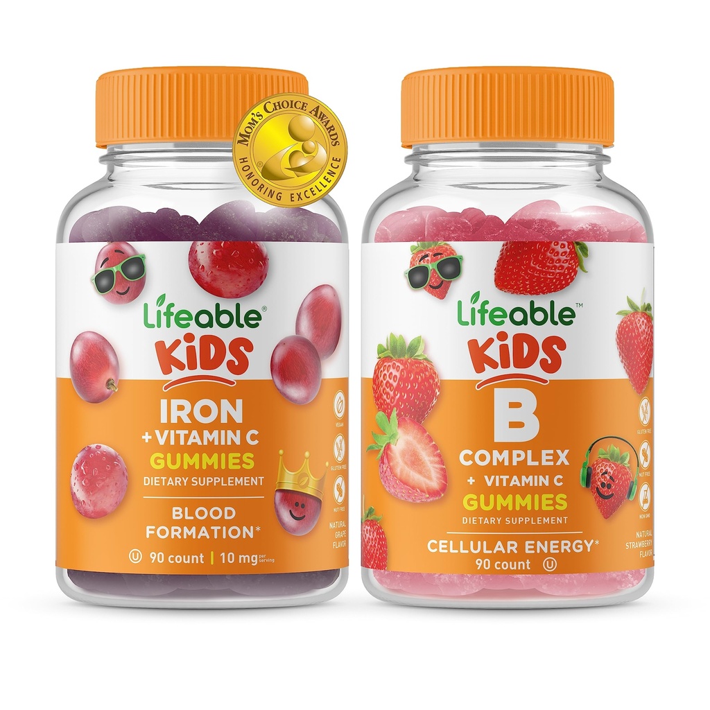 Lifeable Iron & Vitamin C Kids + B Complex Kids, Gummies Bundle - Great Tasting, Vitamin Supplement, Gluten Free, GMO Free, Chewable Gummy