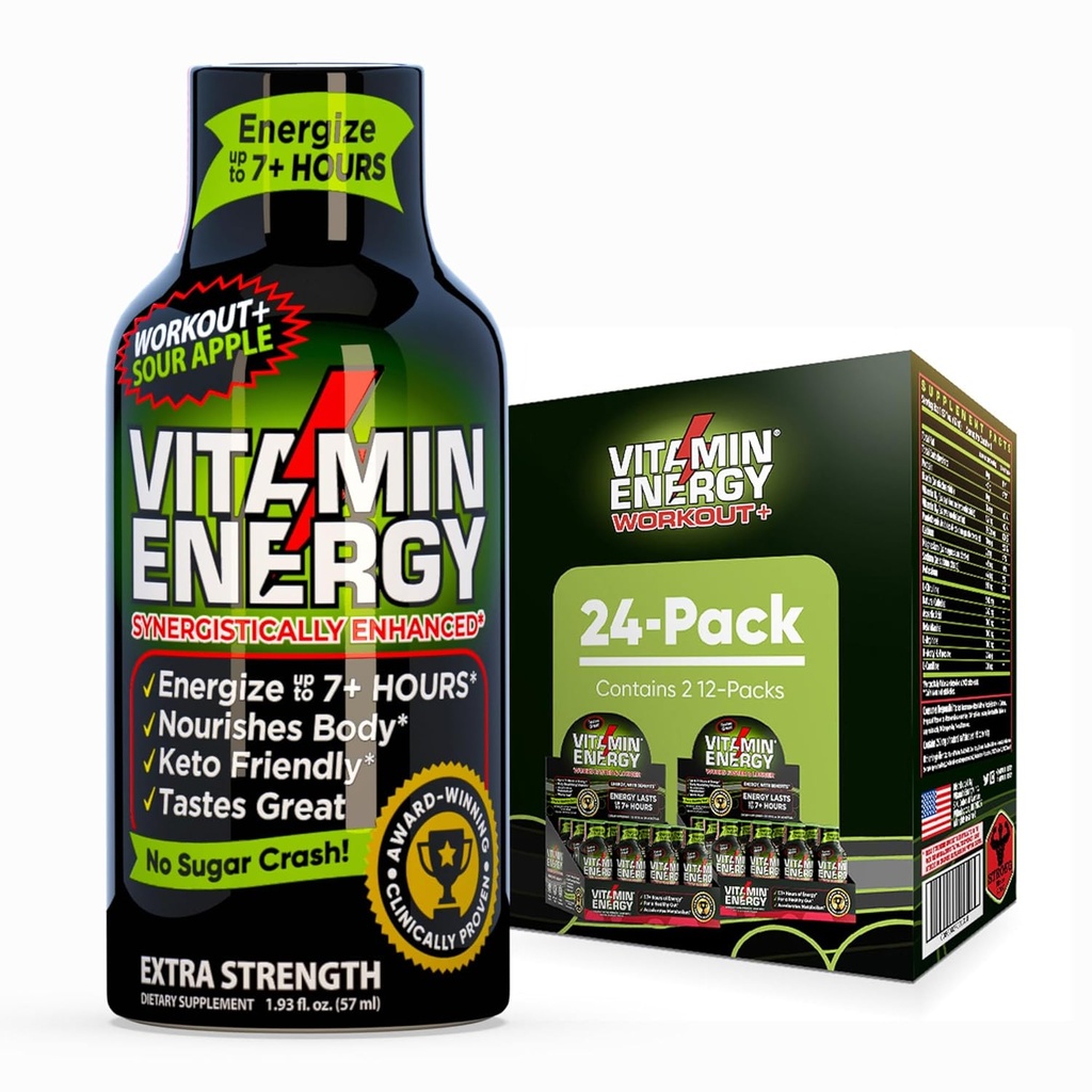 Vitamin Energy Workout+ Extra Strength Energy Shot Sour Apple 24 Pack, 260mg Natural Caffeine, Pre-Workout, B-Vitamins, Minerals, Endurance ' Performance, Zero Sugar, Gluten-Free, Vegan, 1.93 fl oz