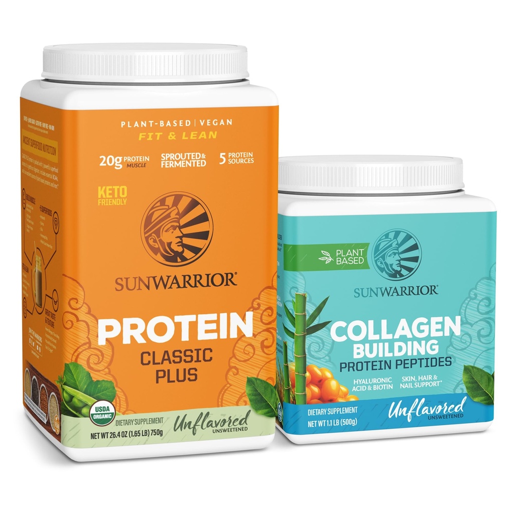 Sunwarrior Vegan Protein Powder | USDA Organic Plant-Based | Unflavored, 30 Servings & Collagen Building Powder Plant-Based | Unflavored, 20 Servings