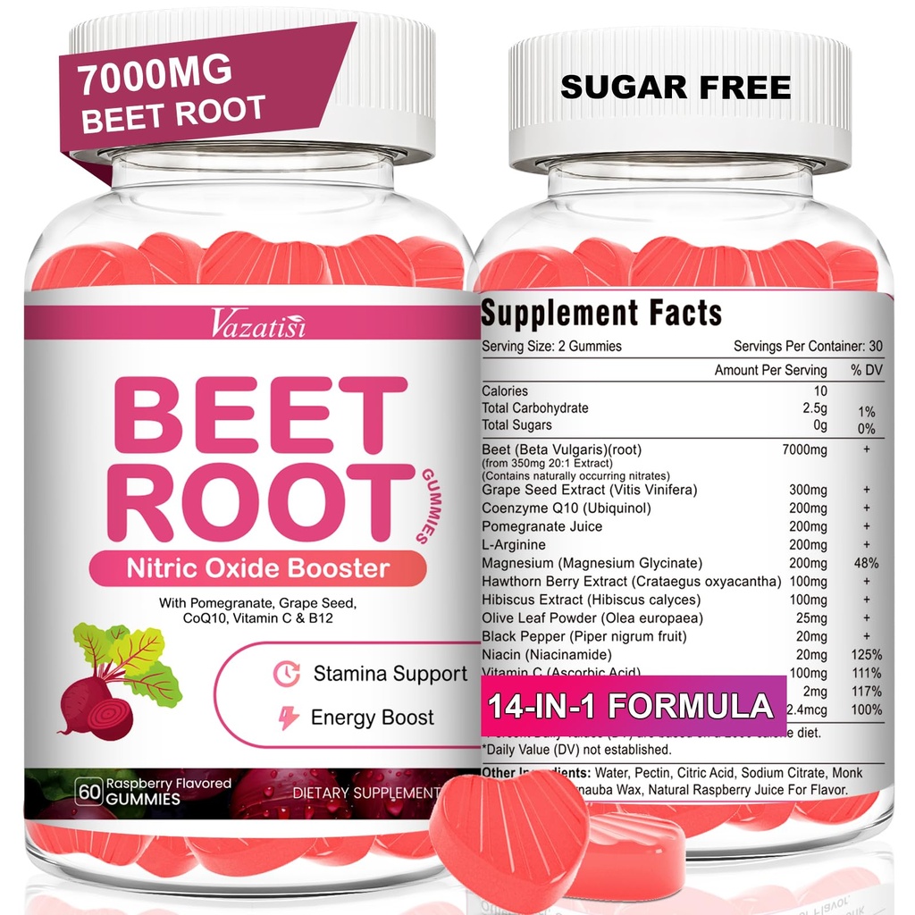 Beet Root Gummies – Nitric Oxide Beetroot Gummies with Coq 10, Grape Seed, Pomegranate for Circulation & Energy Support – Vegan, Non-GMO, 120 Beet Chews