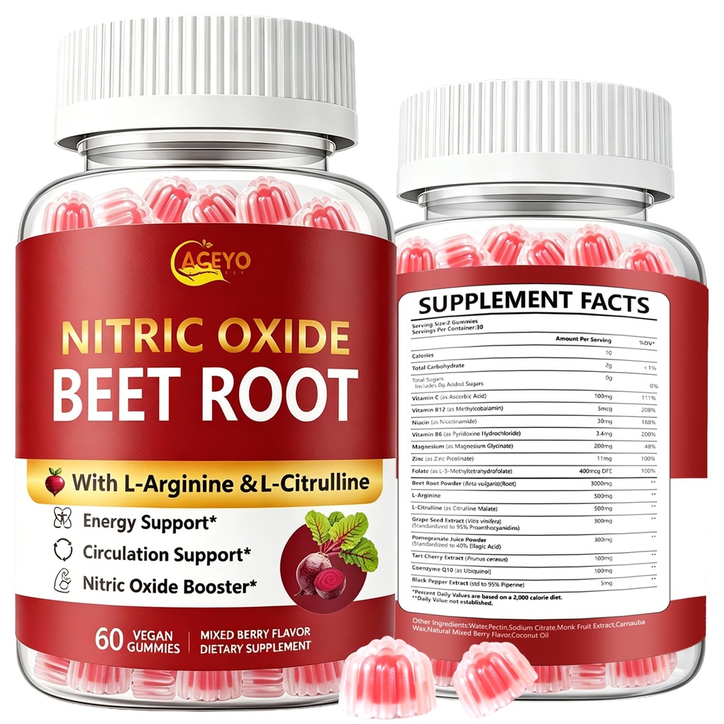 ACEYO Beet Root Gummies, 15-in-1 Nitric Oxide Booster for Men & Women, 60ct | Beetroot, L-Arginine & L-Citrulline, Supports Muscle & Circulation, Sugar Free, Vegan, Mixed Berry Flavor
