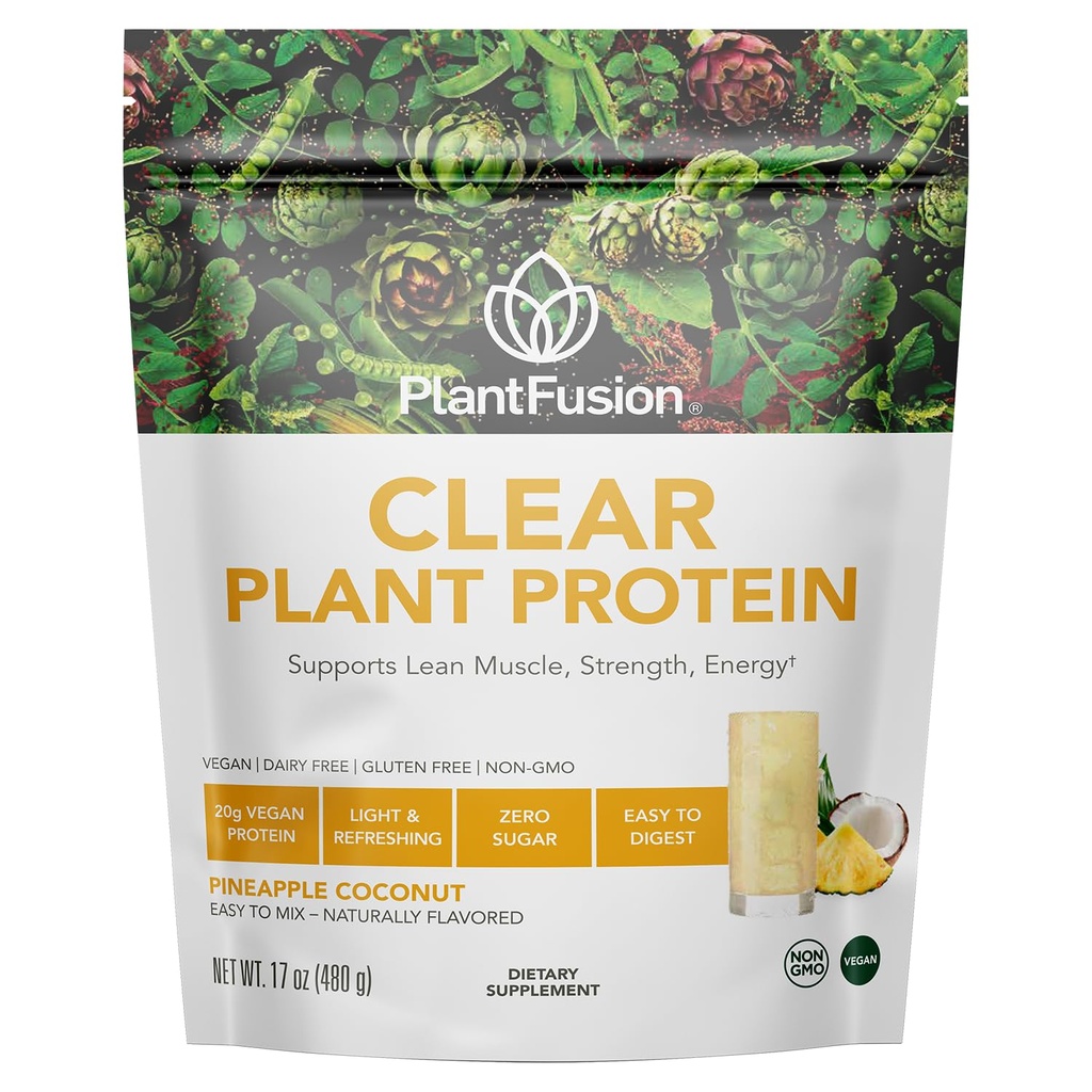 PlantFusion Clear Protein Powder with Pea Protein Peptides - 20g Fast-Absorbing in Water, 90 Calories, Zero Sugar, Premium Alternative to Clear Whey - Pineapple Coconut - 16 oz