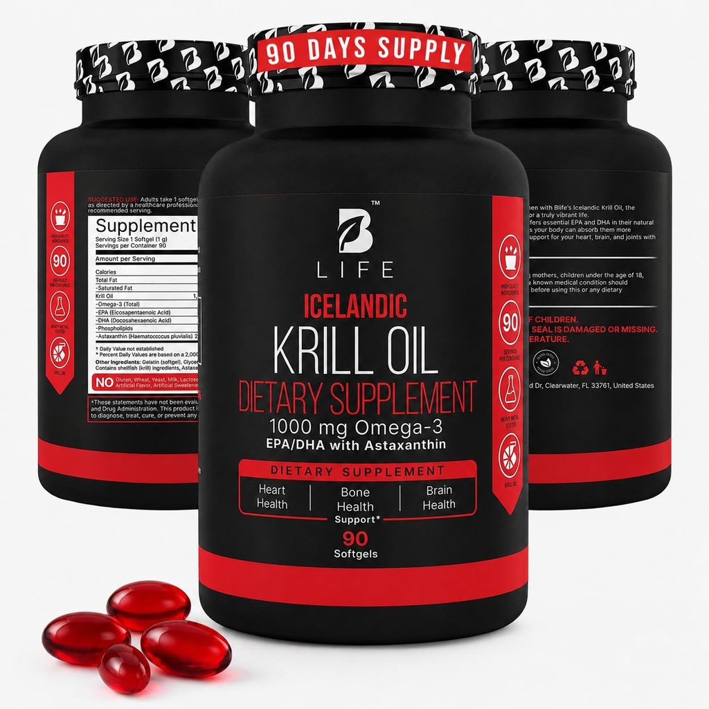 Antarctic Krill Oil Omega-3 – High-Absorption Phospholipid Omega 3 with EPA, DHA & Astaxanthin – Burp-Less, No Fishy Aftertaste – 90 Softgels, 90 Servings – Premium Krill Oil Supplement