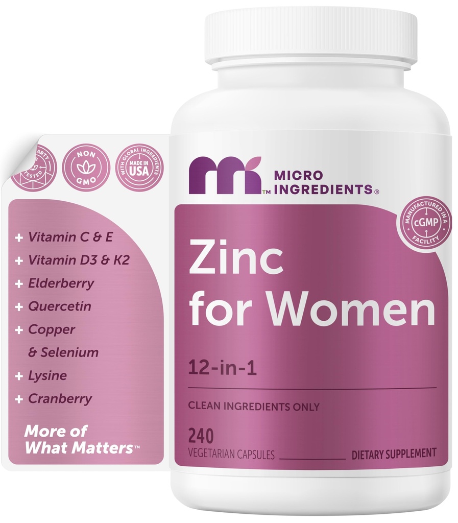 Micro Ingredients Zinc for Women, 240 Vegetarian Capsules | 12-in-1 Chelated Zinc Picolinate with Vitamins C, E, D3K2, Selenium, Copper, Quercetin & Lysine | Filler Free & Gluten Free, Non-GMO