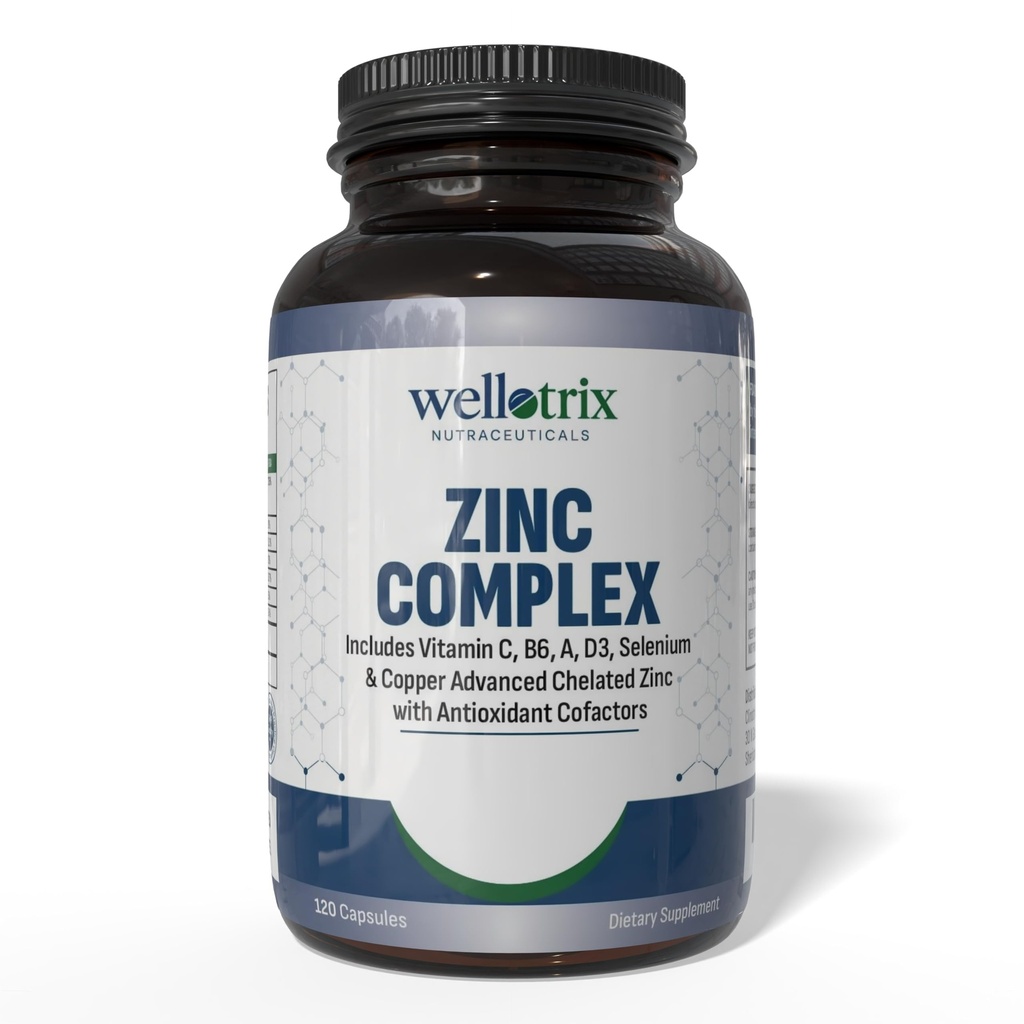 Wellotrix Zinc Complex – Advanced Chelated Zinc Formula with Vitamin C, B6, A, D3, Selenium & Copper – High Absorption Multi-Nutrient Blend – Non-GMO, Sugar Free, Gluten Free – 120 Veg Capsules