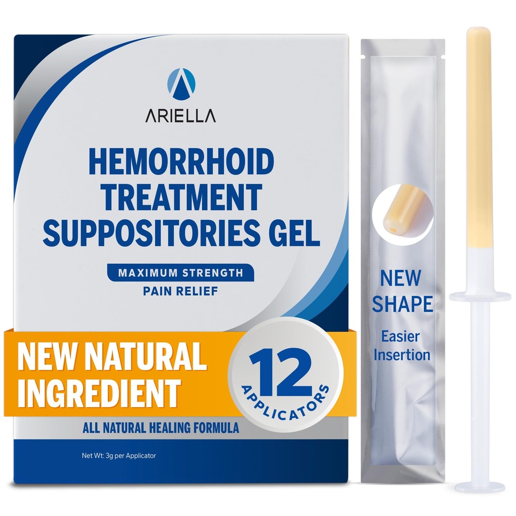 Ariella Hemorrhoid Treatment Suppository Gel: Natural & Herbal - Relieve Itching Burning Discomfort - Internal Relief - New Rounded Applicator - Nighttime Use (Pack of 12)
