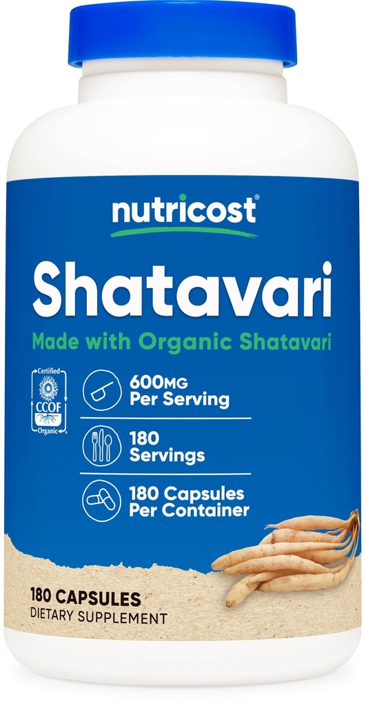 Nutricost Shatavari 600mg, 180 Capsules, 180 Servings - CCOF Certified Made with Organic Shatavari, Non-GMO, Gluten Free, Vegetarian Friendly