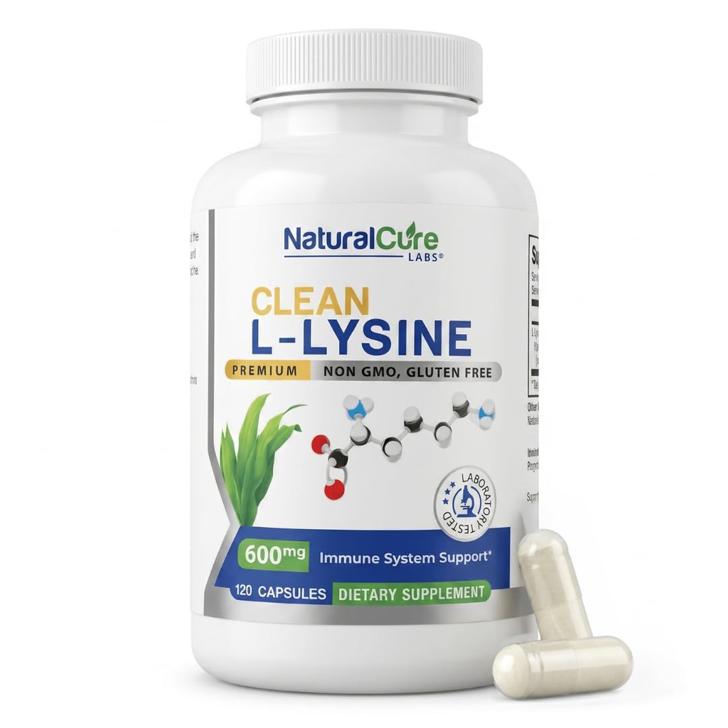 Natural Cure Labs Clean L-Lysine 600mg, 120 Capsules | Vegan, Non-GMO, & Gluten Free