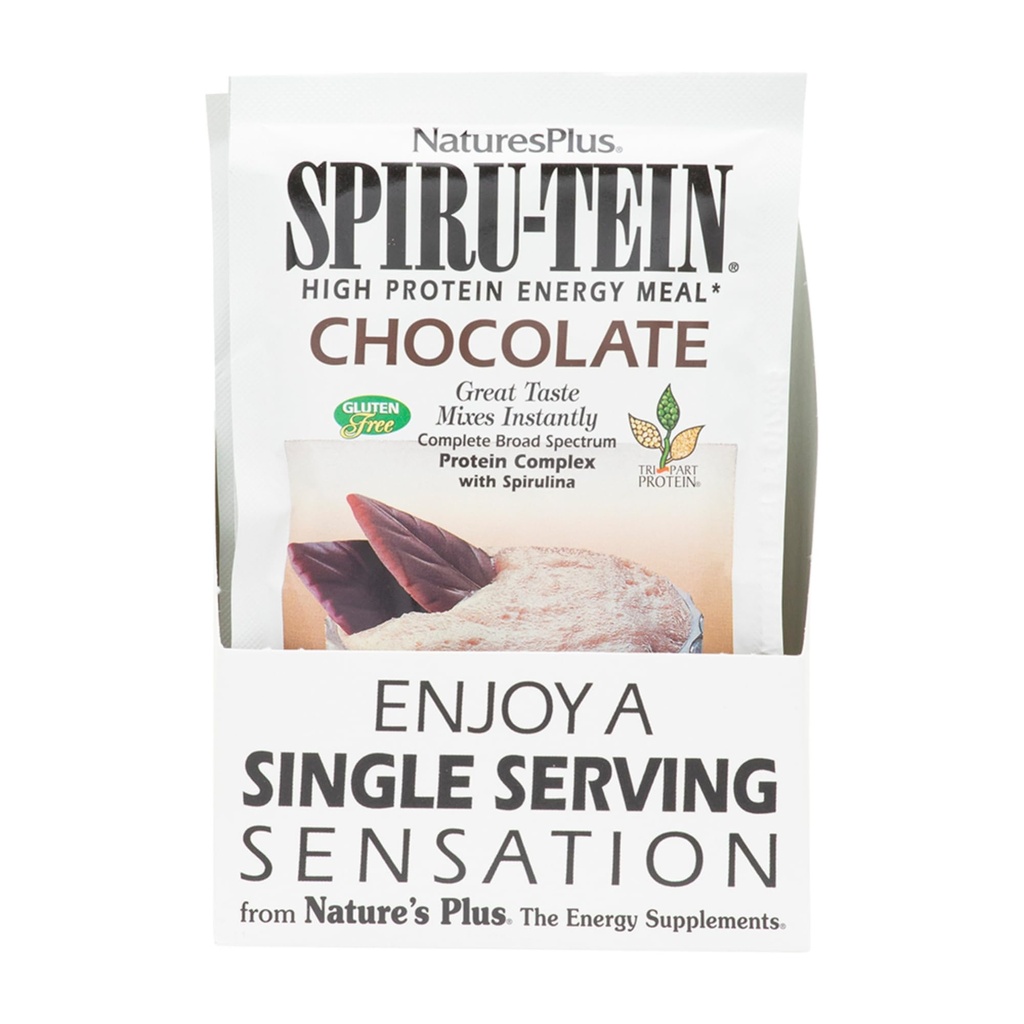 NaturesPlus SPIRU-TEIN, Chocolate - 8 Total Packets - Plant-Based Protein Shake - Non-GMO, Vegetarian, Gluten Free - 8 Total Servings