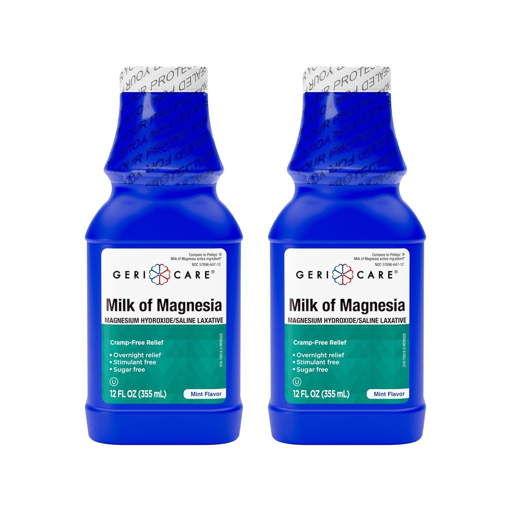 GeriCare Milk of Magnesia, Magnesium Hydroxide 1200mg | Mint Flavor | Constipation Relief | Cramp-Free, Saline Laxative | 12 Fl Oz (Pack of 2)