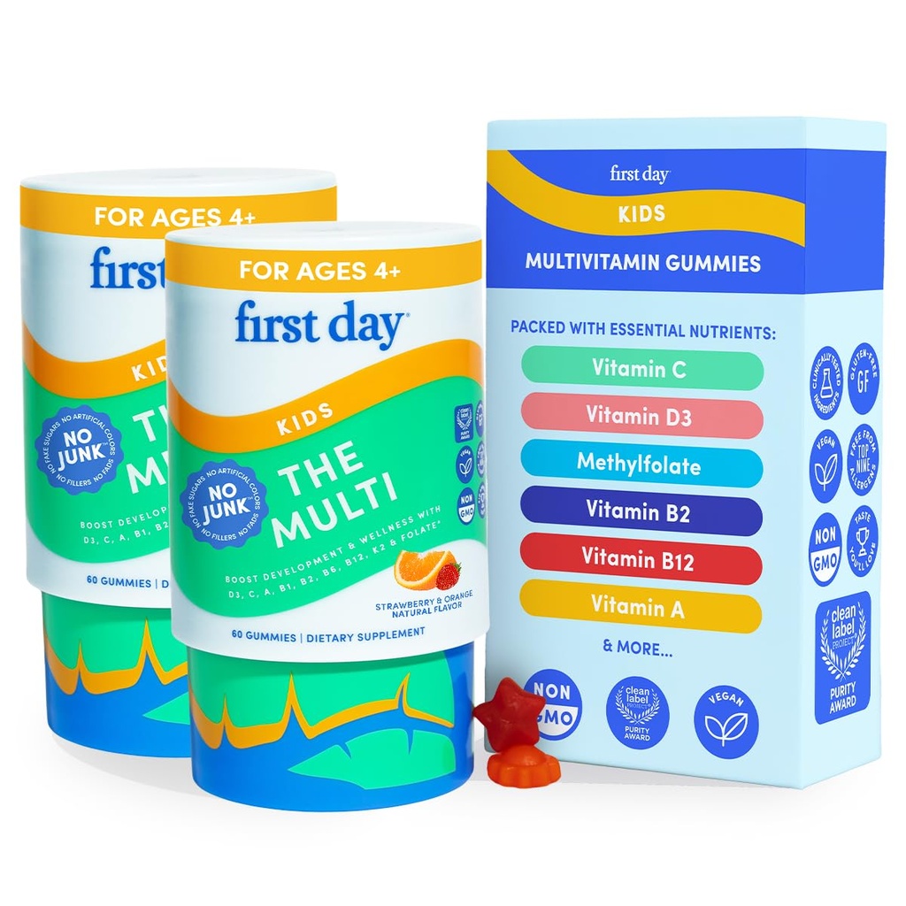 FIRST DAY Kids Multivitamin Gummies Age 4+, Strawberry & Orange - Kids Vitamins Multivitamin Gummy A C D3 K2 B1 B2 B6 B12 Folate, Immunity & Brain Function, Vegan - 60 Day Supply, Packaging May Vary