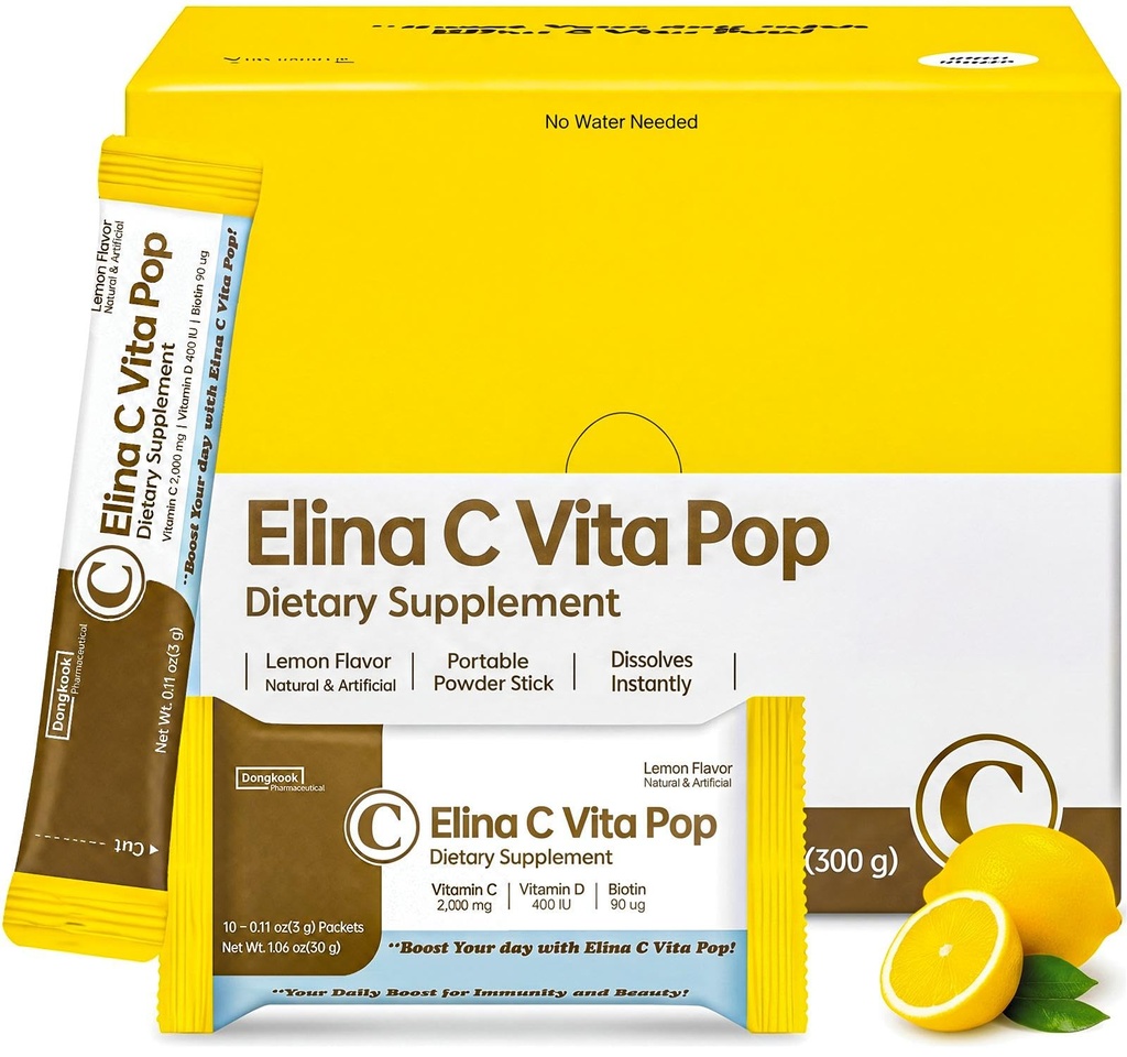 DONGKOOK Vita Pop Korean Vitamin C Powder 2,000mg Zero Sugar Vitamin D & Biotin Stick, Lemonade Drink, Vitamin C Supplements, Immune Support & Antioxidants Korean Supplements Lemon 100 Packets
