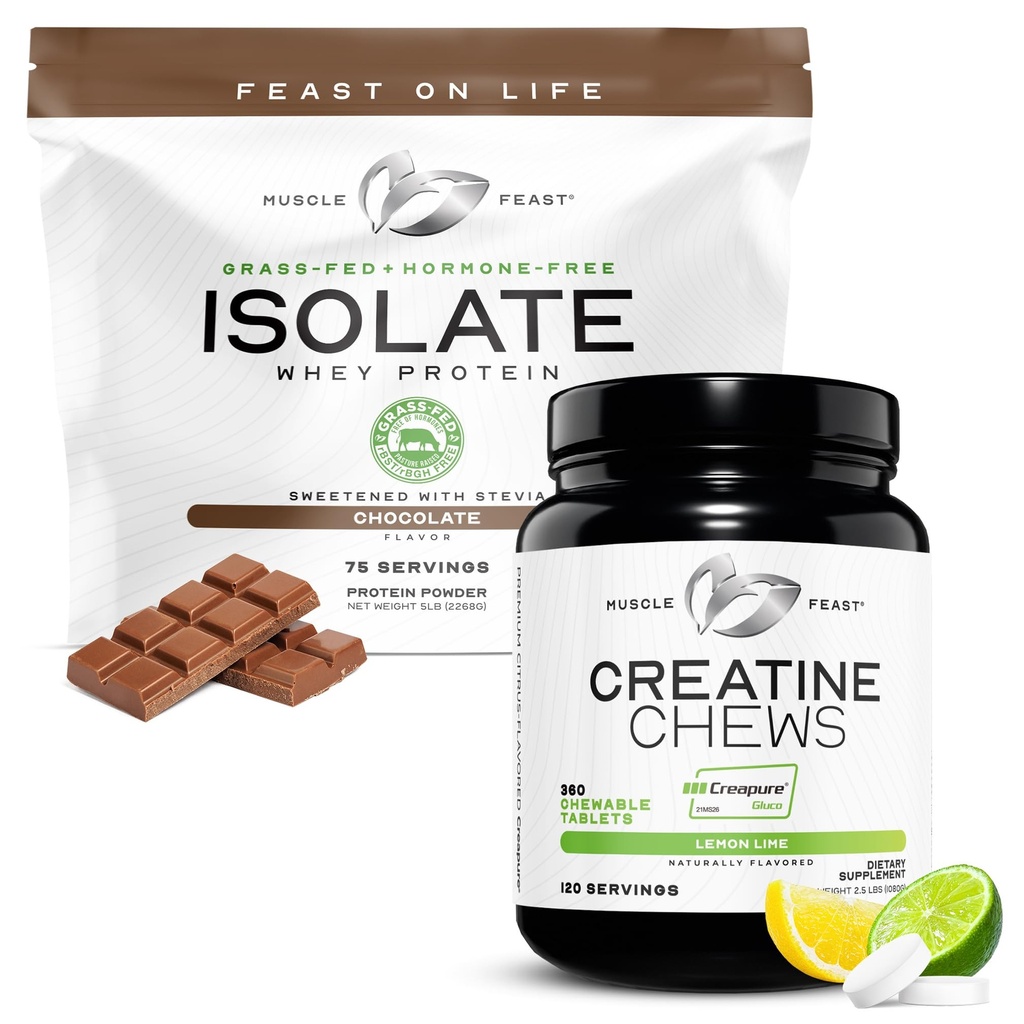 Muscle Feast Isolate + Creatine Candy Bundle: 1 Whey Protein Isolate (Chocolate, 5lb) + 1 Creatine Candy (Lemon Lime, 360) | Premium Supplements, Vegetarian, Gluten Free