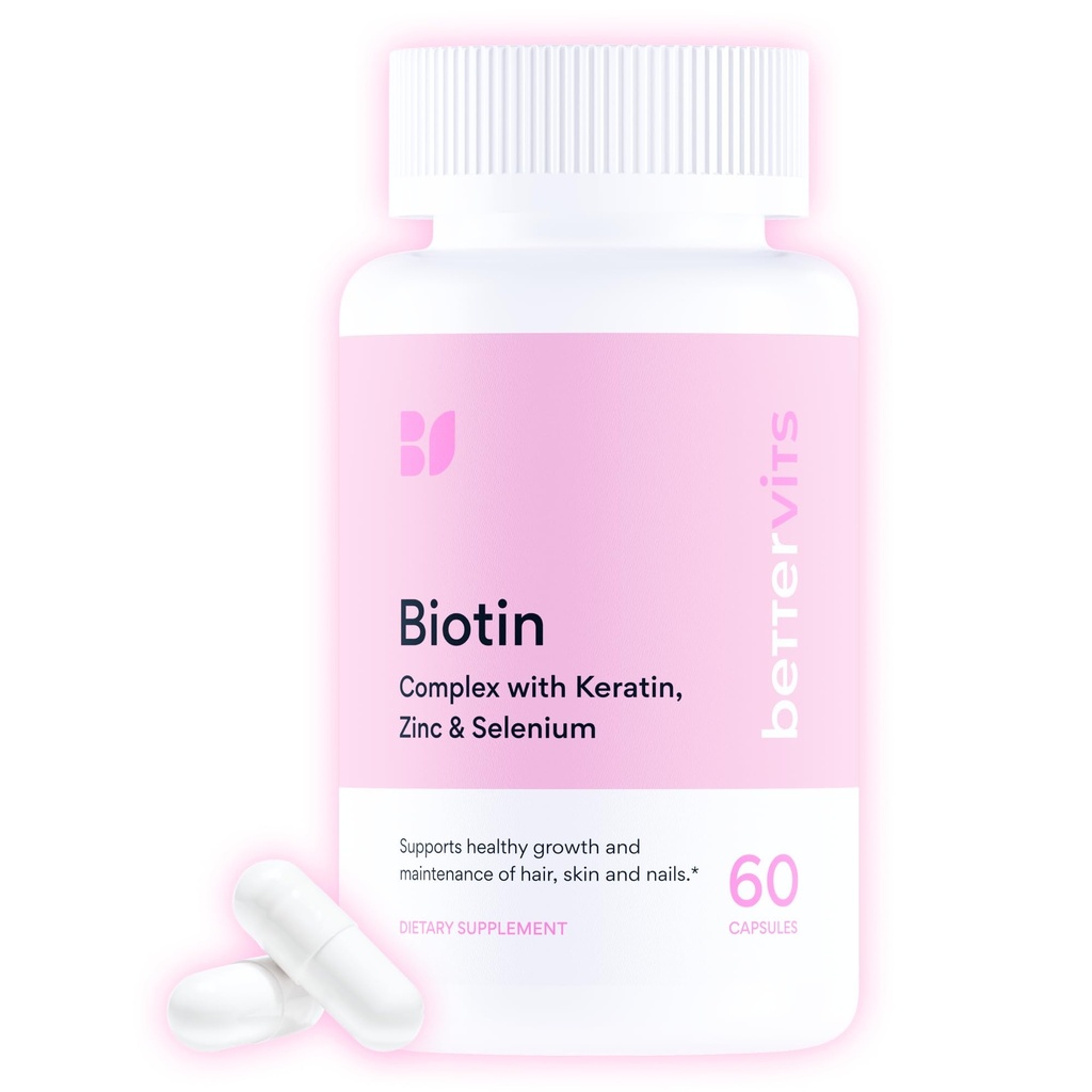 Betterrvits Hair Growth Vitamins for Women - Biotin 12,000 mcg with Zinc, Copper and Selenium Complex | Hair Skin and Nails Supplement for Women and Men with Keratin KeraGlo | 60 Capsules