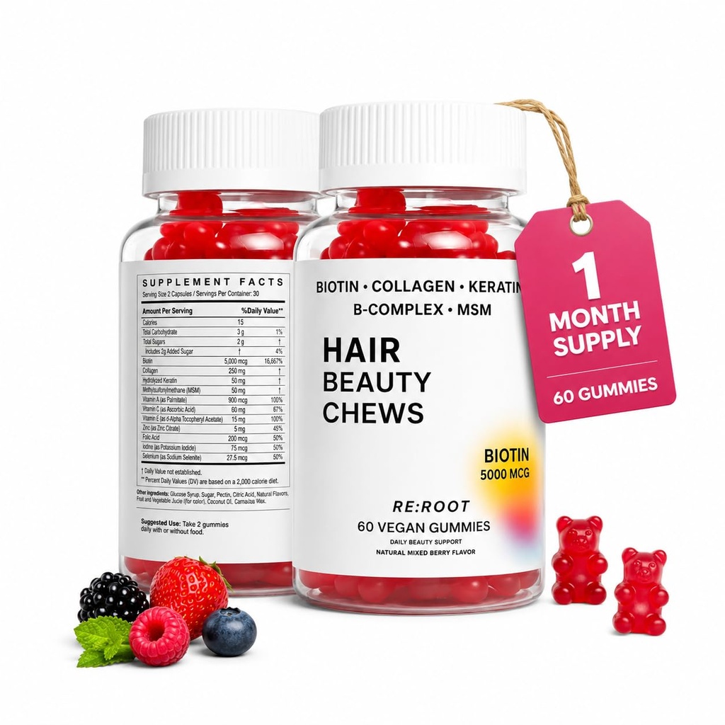 RE:ROOT Hair Growth Gummies – 5,000 mcg Biotin with Collagen, Keratin & MSM – Hair, Skin & Nails Support – 60 Berry Gummies