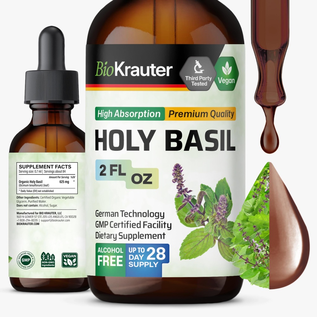 Holy Basil Tincture for Calm & Relaxation Support, 2 Fl.Oz | Vegan Holy Basil Supplement for Mood Support, 28-Day Supply, Alcohol and Sugar Free