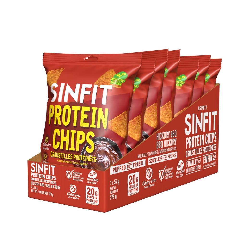SinFit Protein Chips, 20g Protein/Bag, 50g-Bag, High Fiber, Low Carb, Gluten Free,7/box (7 Bags, Hickory BBQ)