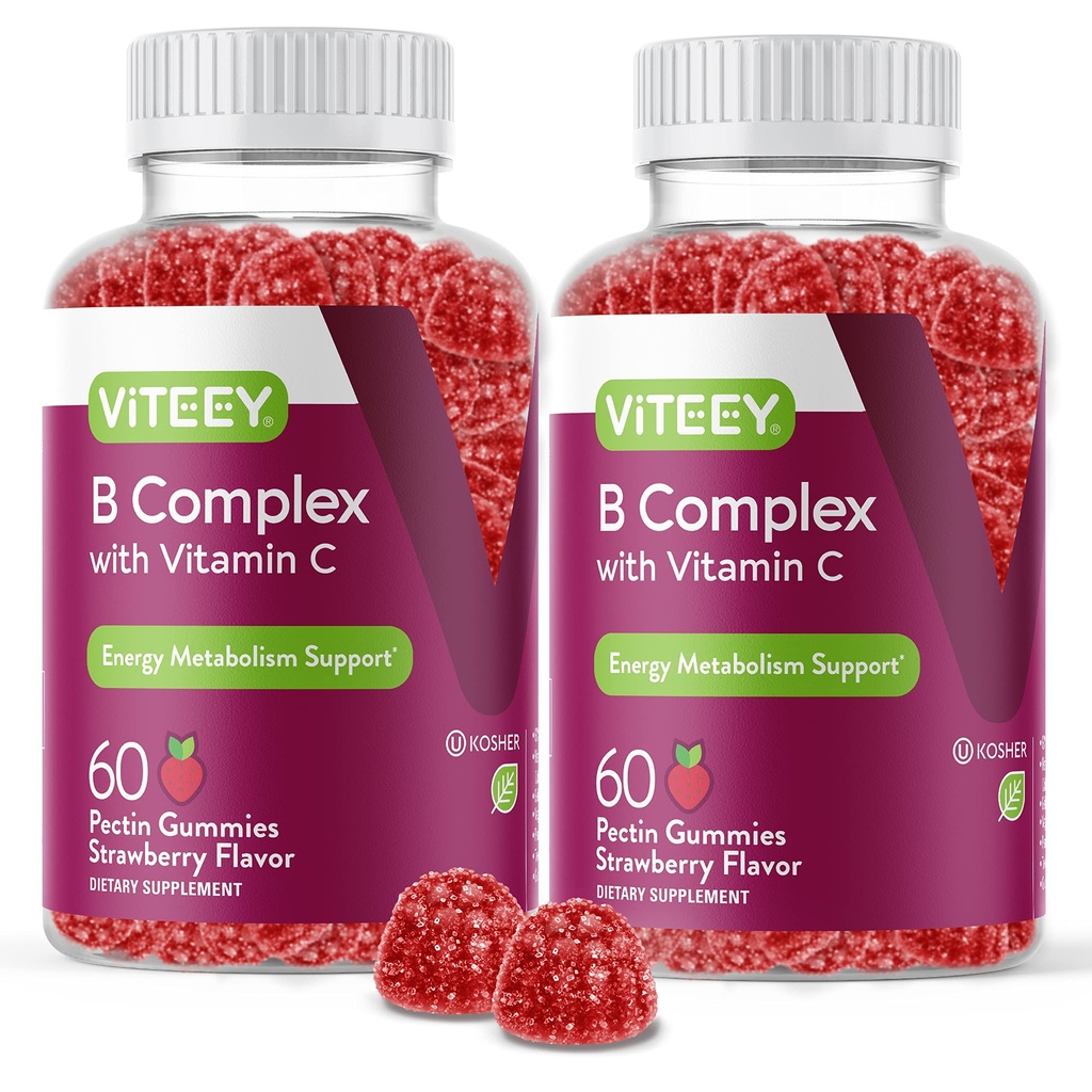 Viteey Vitamin B Complex Gummies with Vitamin C - Energy, Metabolism & Immune Support - B6, B12, Niacin, Folic Acid, Biotin, Calcium - Vegan, Gluten-Free - 120 Count