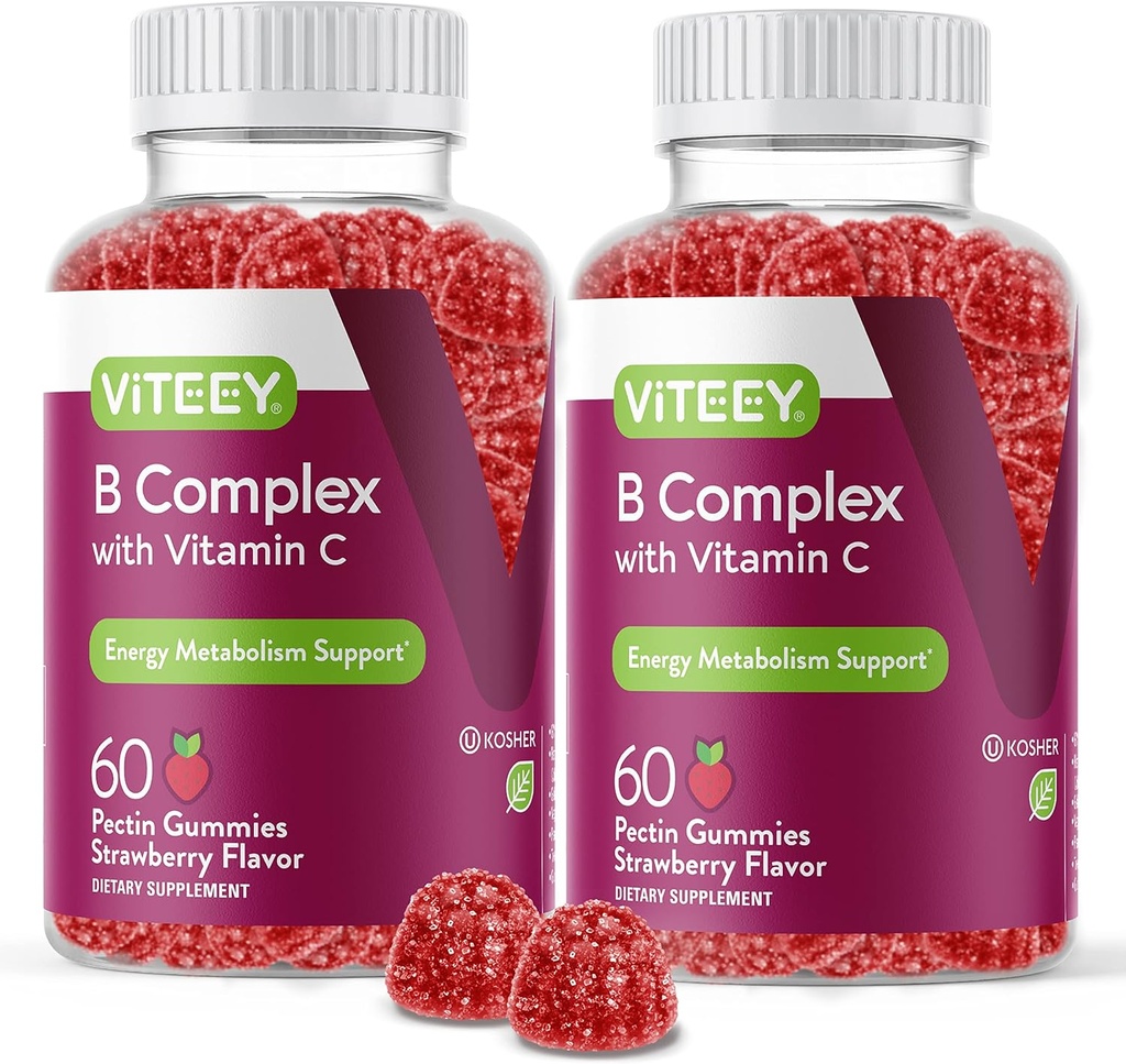 Viteey Vitaminas B kompleksas Gummies su vitaminu C - Energija, Metabolizmas & Imuninė parama - B6, B12, Niacinas, Folio rūgštis, biotinas, kalcis - Veganas, Gluten- Free - 120 Count