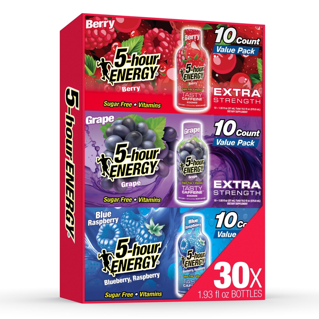 5-hour ENERGY VARIETY PACK Berry, Grape & Blue Raspberry Flavors, 30 Count, 1.93 Fl Oz Energy Shot, Extra Strength, Amino Acids, B Vitamins, Sugar Free and Zero Calories