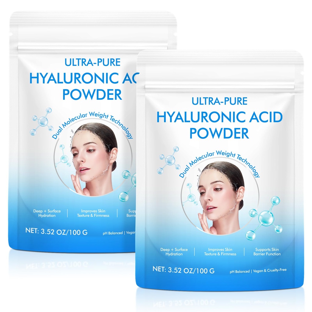 2 Pack Hyaluronic Acid Powder for Skin – High Molecular Weight, Deeply Hydrating, Cosmetic Grade Water-Soluble Powder, Vegan, Gluten-Free, Ideal for DIY Serums & Creams, 7.6oz