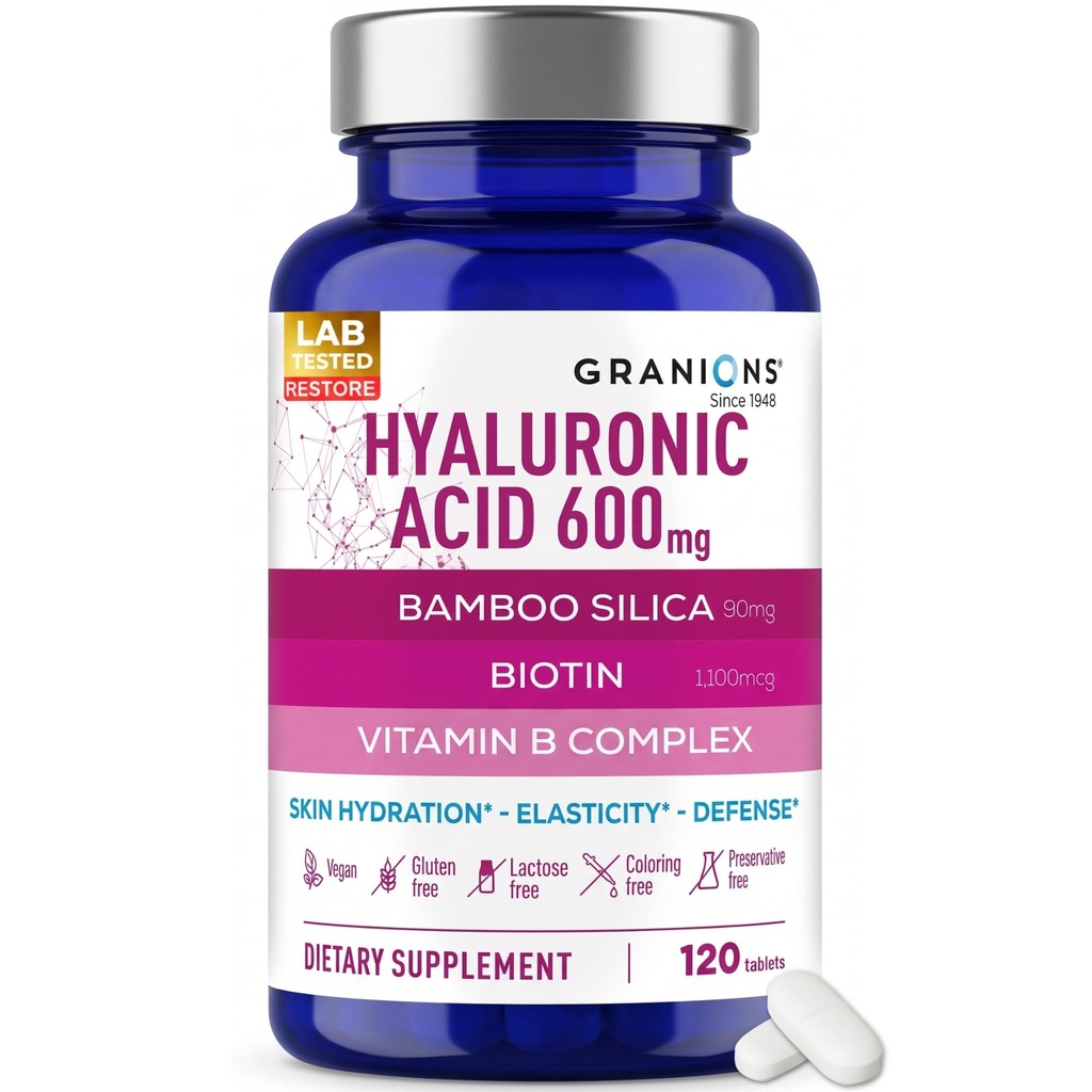 Granions Ultra Dosed Hyaluronic Acid Supplement 600mg - Intense Skin Hydration, Stimulates Collagen Production - Niacin, Biotin, Vitamin B Complex, Oral Hyaluronic Acid Supplements - 120 Vegan Tablets