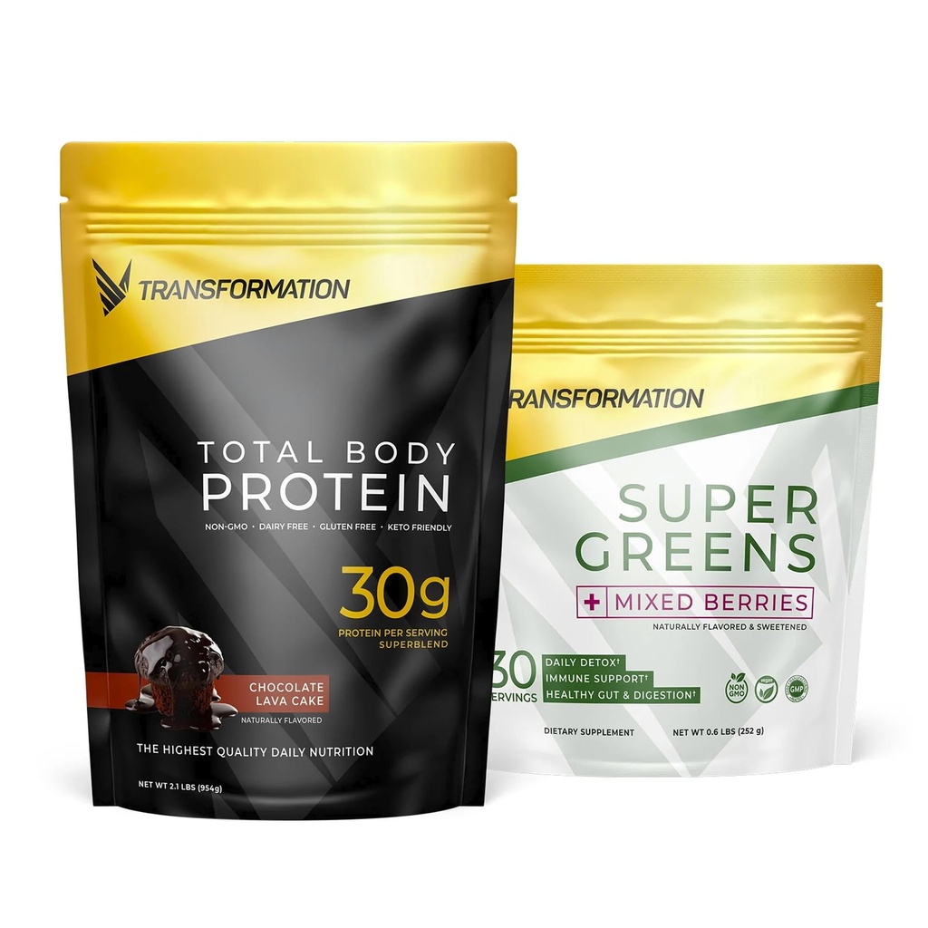 Transformation Chocolate Premium Protein Powder + Super Greens Immune Boosting Combo Pack- Energy, Gut Health, Detox & Diet Support- 30g Multi-Protein Superblend & 1 Full Serving Vitamins & Vegetables