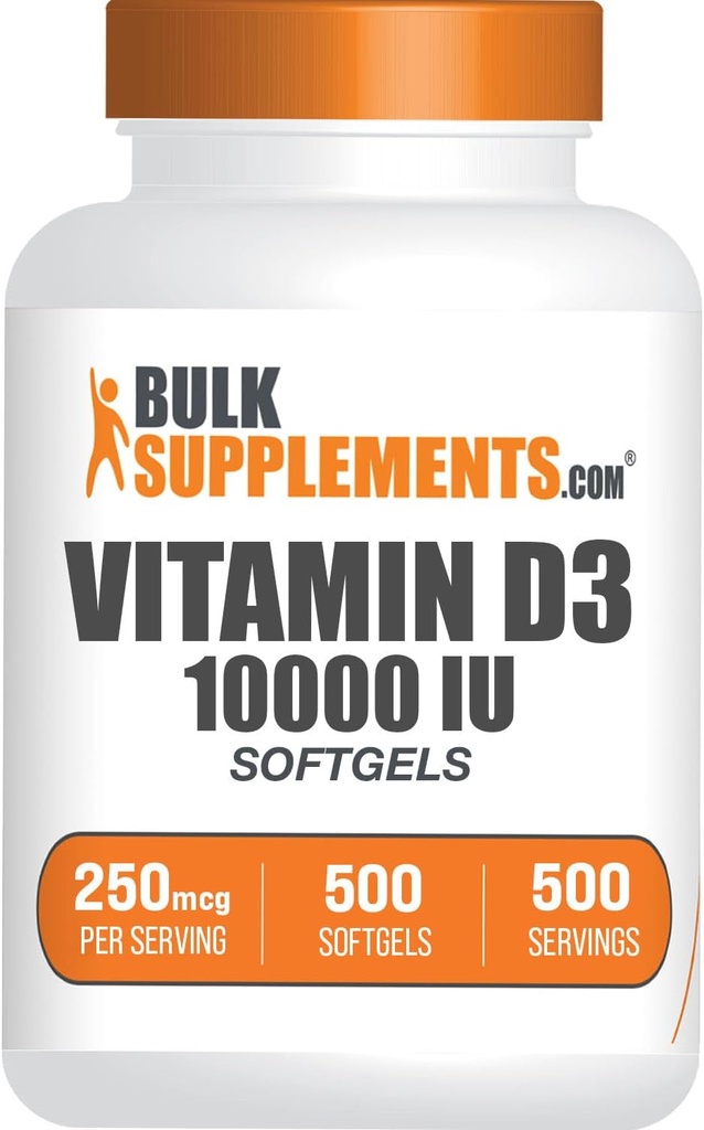 BulkSupplements.com Witamina D3 10000j. m. Softgels - Cholecalciferol, Suplement D3, Witamina D 10000 j. m. - 1 Witamina D3 Softgel (250mcg witaminy D) na Podawanie - 500- Day Supply, 500 Softgels